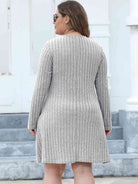 Light Gray Plus Size Ribbed Buttoned V-Neck Long Sleeve Dress Holiday