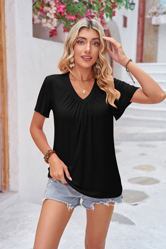 Gray Ruched V-Neck Short Sleeve Tee Tops