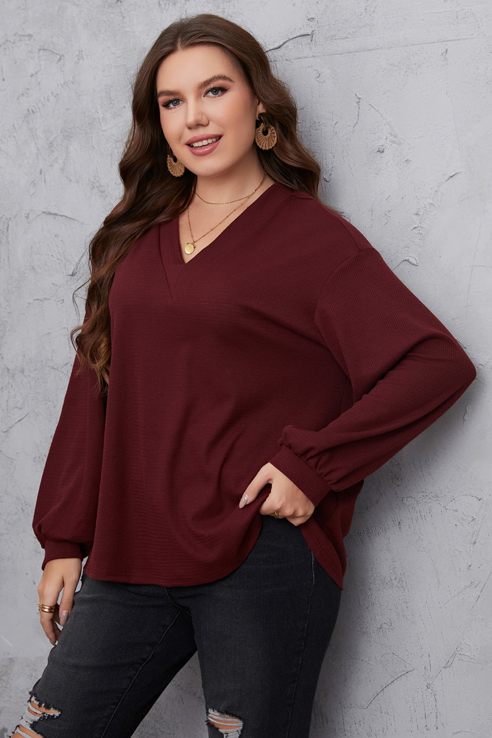 Gray Harvest Hues Plus Size V-Neck Dropped Shoulder Blouse Plus Size Tops