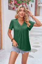 Gray Ruched V-Neck Short Sleeve Tee Tops