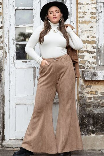 Rosy Brown Plus Size Pocketed Flare Pants Plus Size Clothing