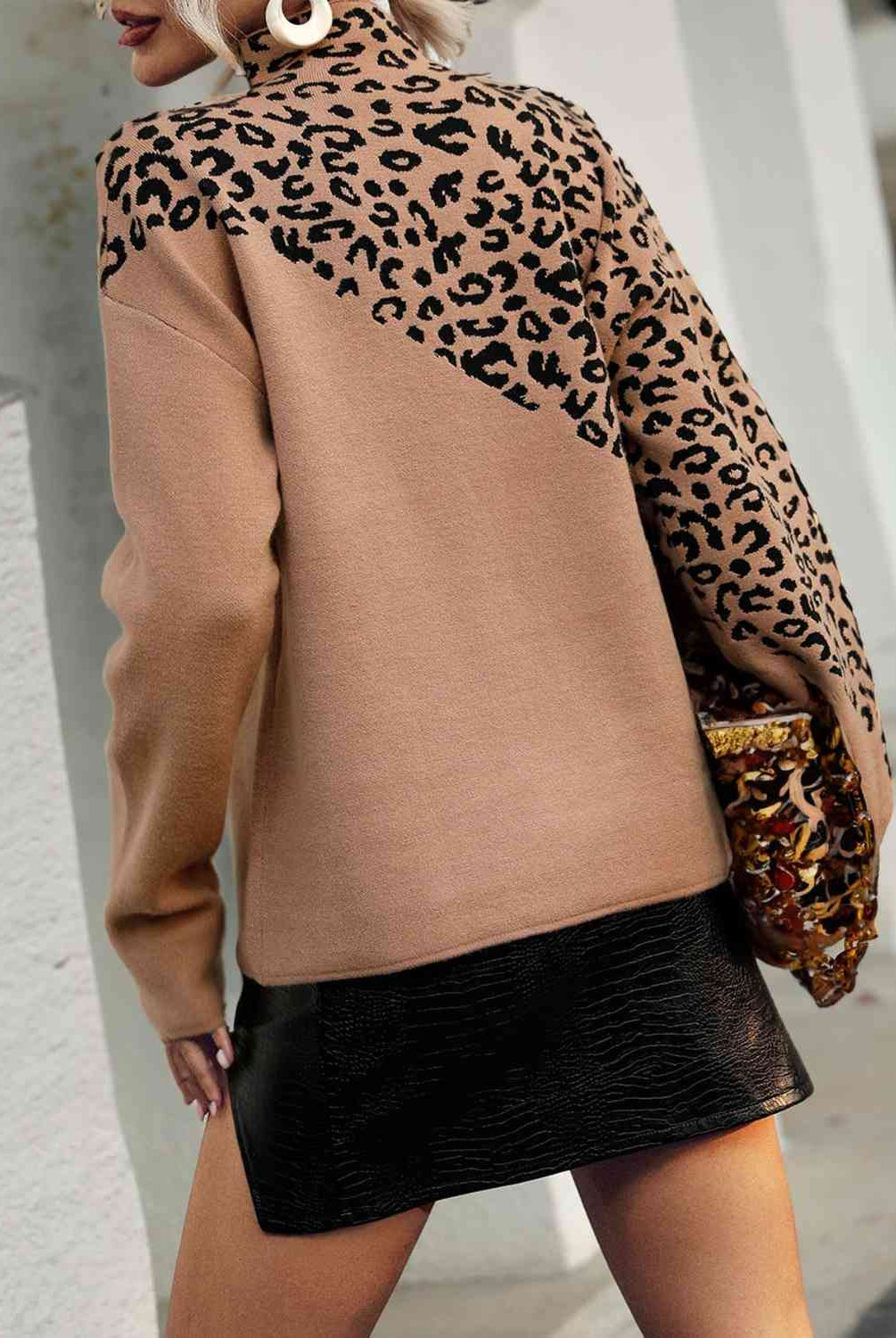 Rosy Brown Leopard Mock Neck Dropped Shoulder Sweater Trends