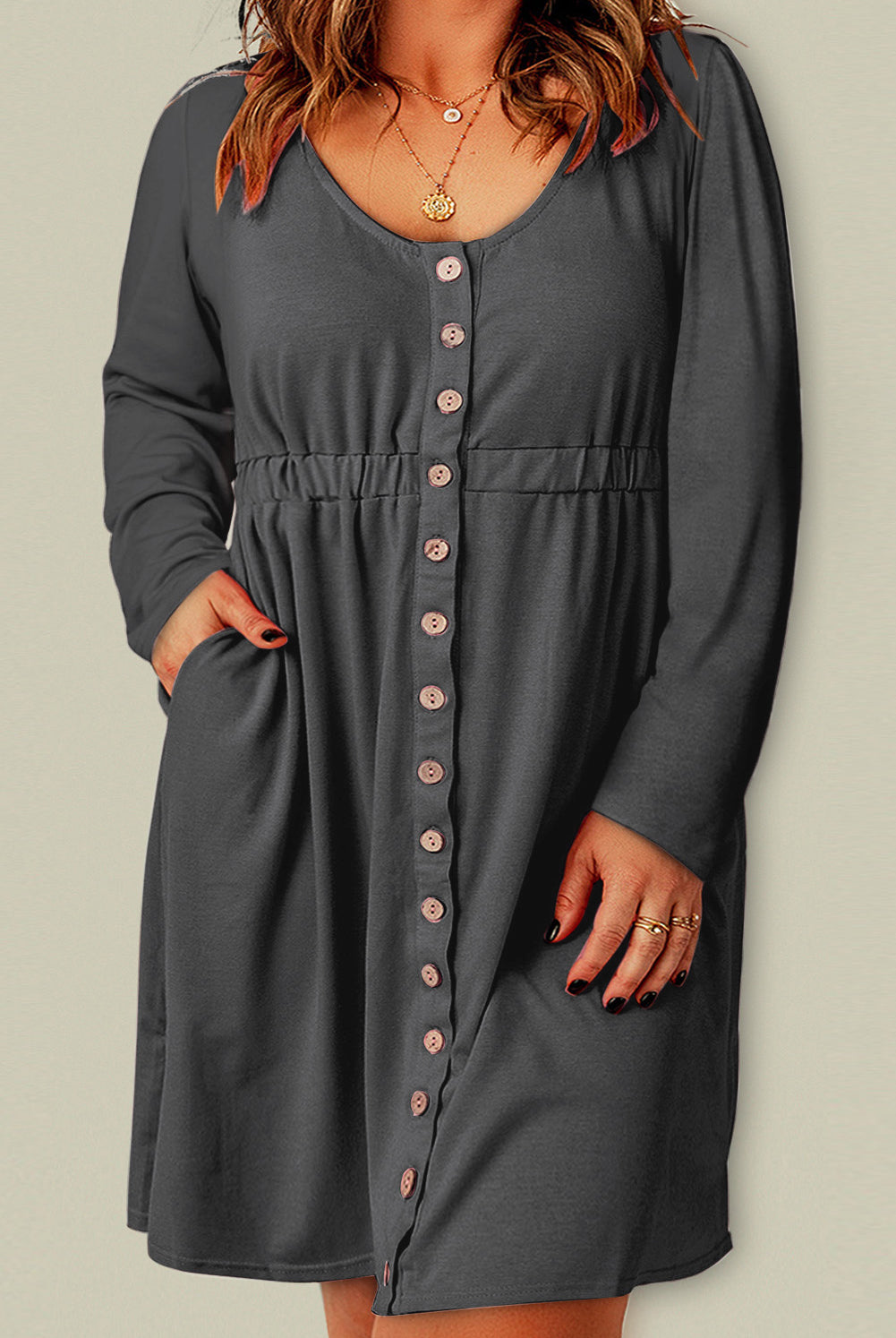 Gray The Magic Dress Plus Size Button Front Elastic Waist Long Sleeve Dress Dresses