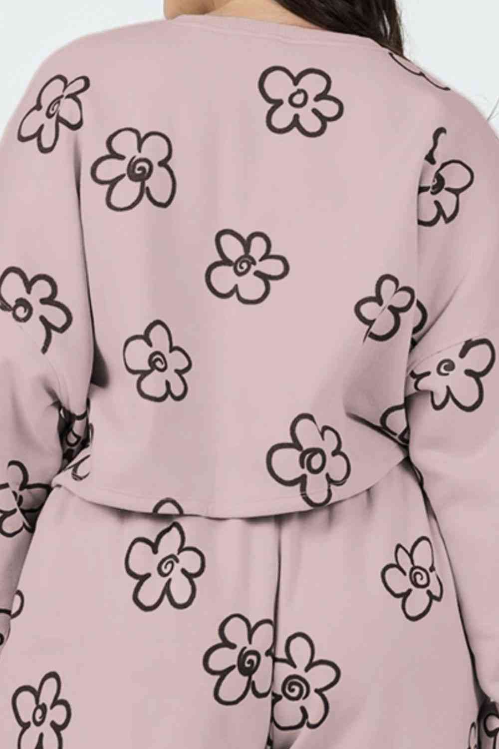 Gray Floral Dropped Shoulder Sweatshirt and Shorts Set Loungewear