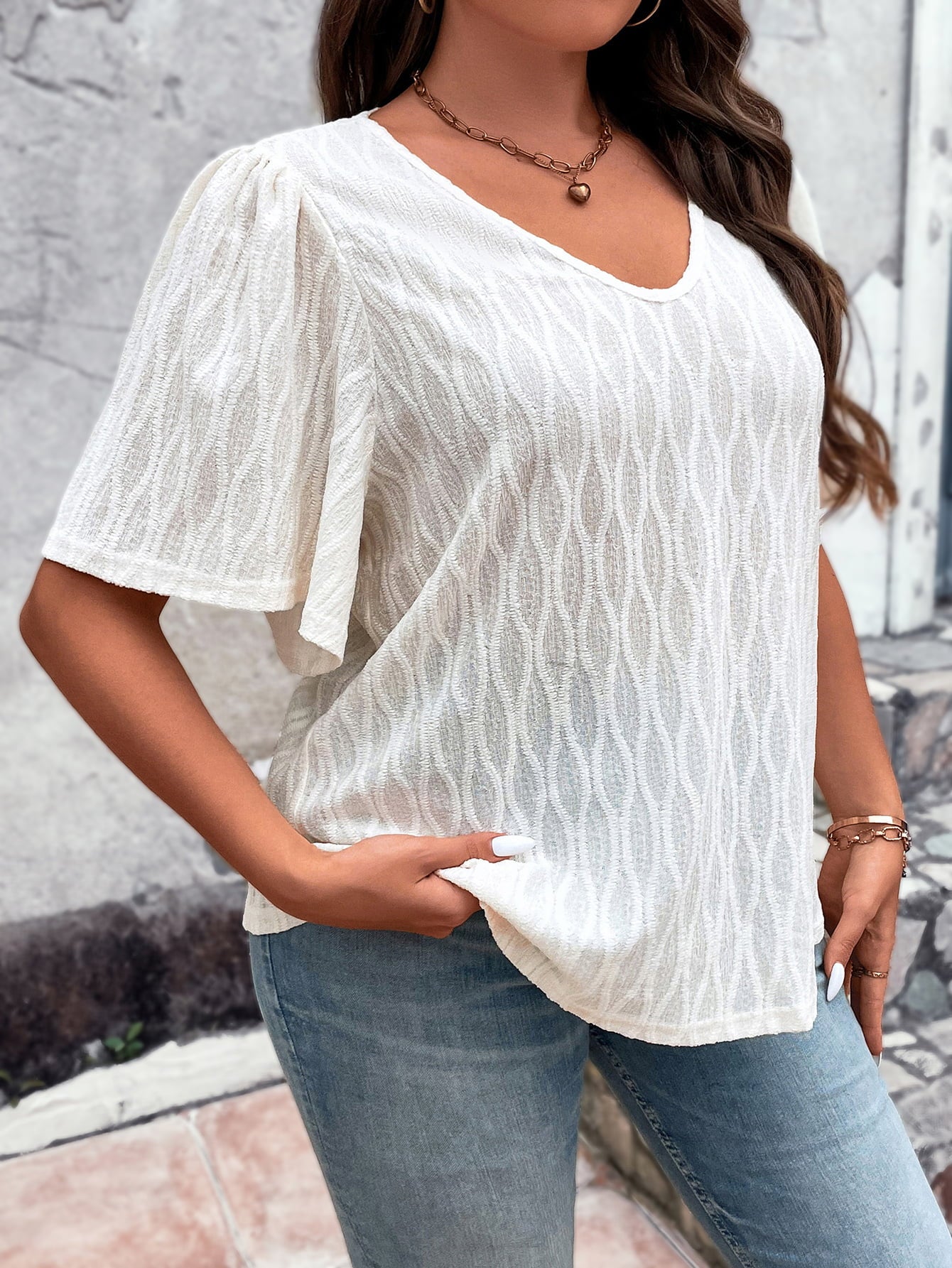 Light Gray Plus Size V-Neck Puff Sleeve Blouse Tops