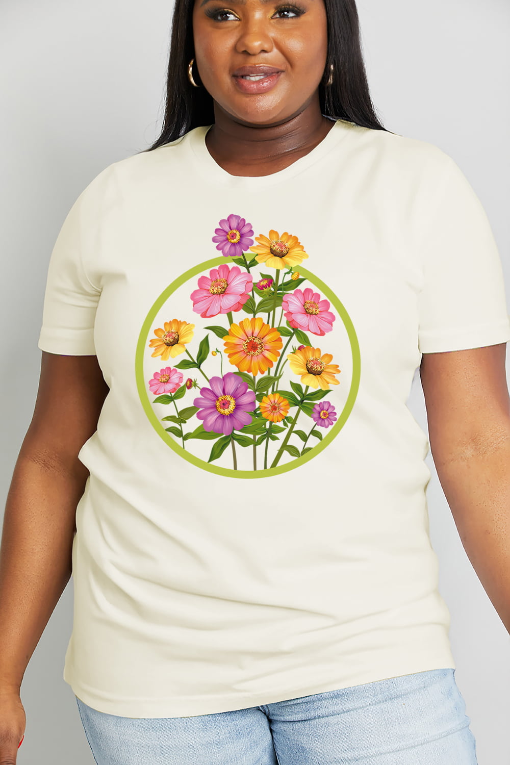 Light Gray Simply Love Full Size Flower Graphic Cotton Tee Tops