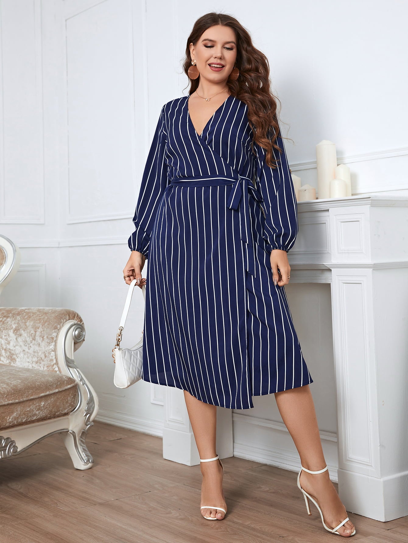 Light Gray She Knows She's A Ten Plus Size Striped Surplice Neck Long Sleeve Dress Plus Size Dresses