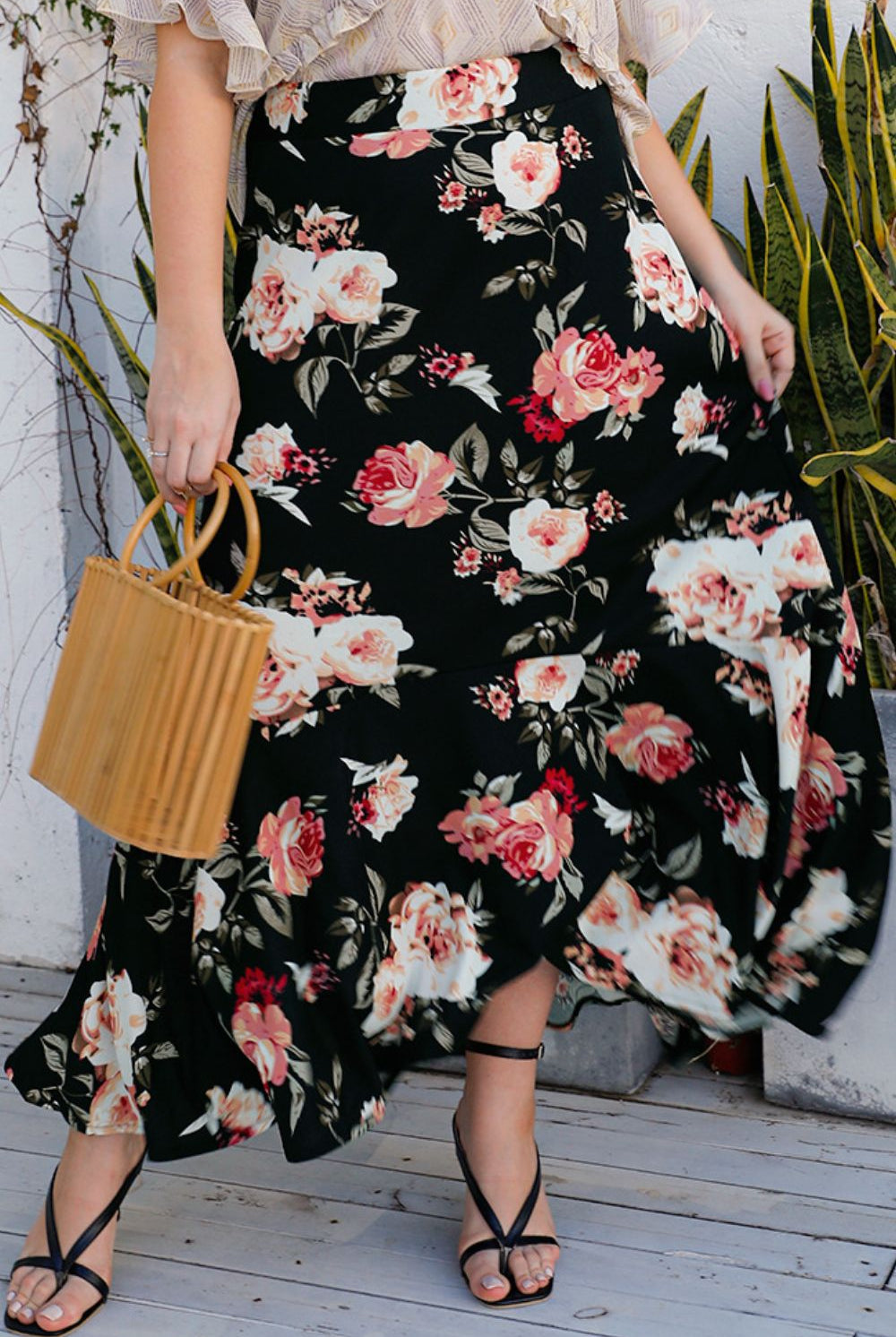Dark Gray Plus Size Floral High-Rise Skirt Plus Size Clothes