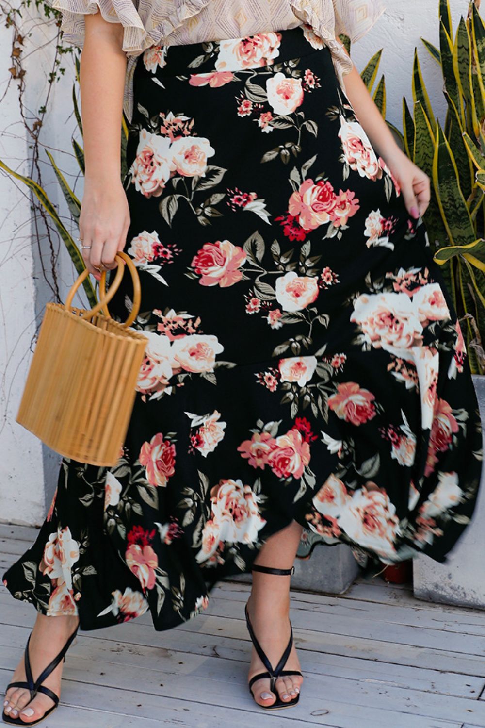 Dark Gray Plus Size Floral High-Rise Skirt Plus Size Clothes