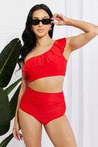Light Gray Marina West Swim Seaside Romance Ruffle One-Shoulder Bikini in Red Swimwear