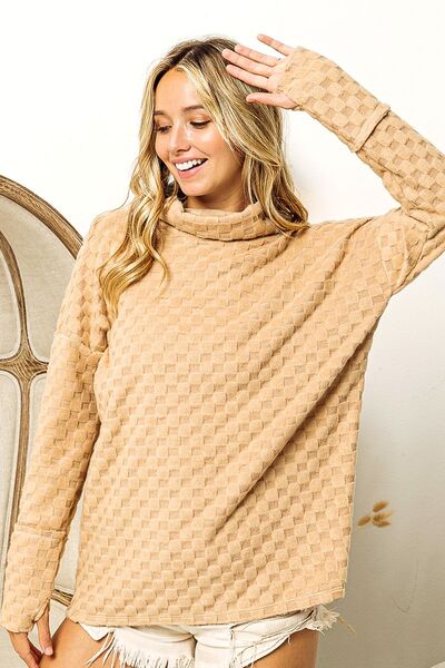 Tan BiBi Checkered Round Neck Thumbhole Long Sleeve Top Capsule