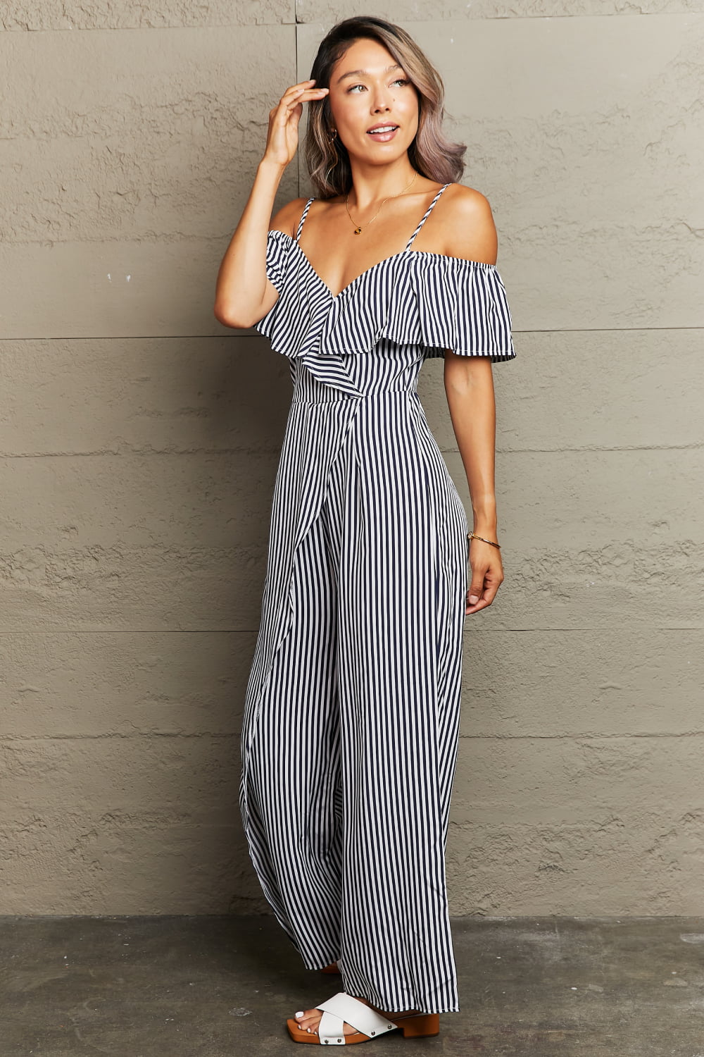 Rosy Brown Striped Spaghetti Strap Cold-Shoulder Jumpsuit Clothing
