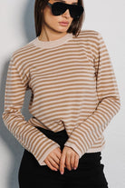 Tan Striped Round Neck Long Sleeve Sweater Clothing
