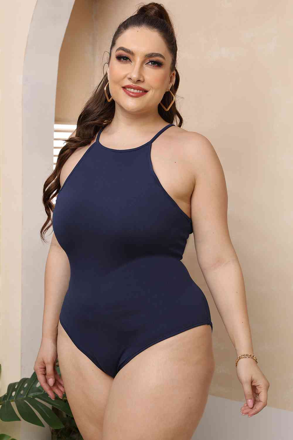 Tan Plus Size Halter Neck Spaghetti Strap Bodysuit Plus Size Clothes