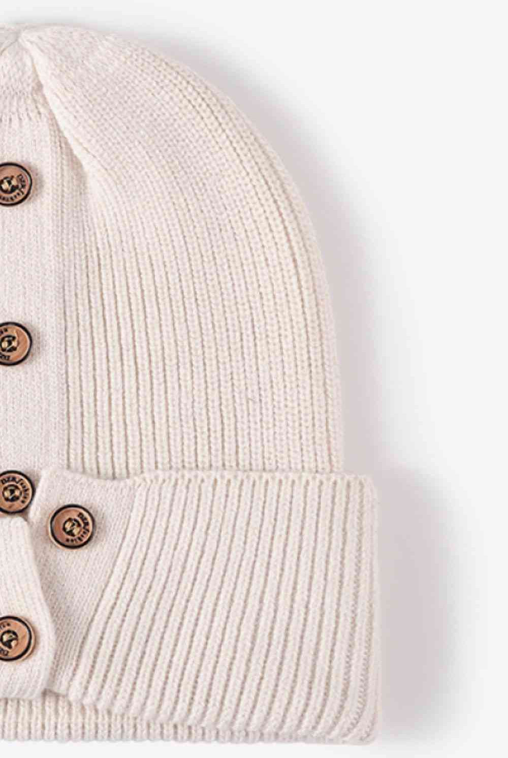 Light Gray Button Detail Rib-Knit Cuff Beanie Winter Accessories