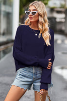 Light Slate Gray Round Neck Drop Shoulder Long Sleeve Sweater Clothing