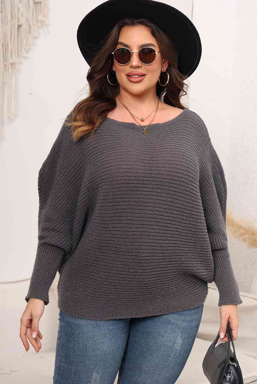 Light Gray Full Size Boat Neck Batwing Sleeve Sweater Plus Size Clothes
