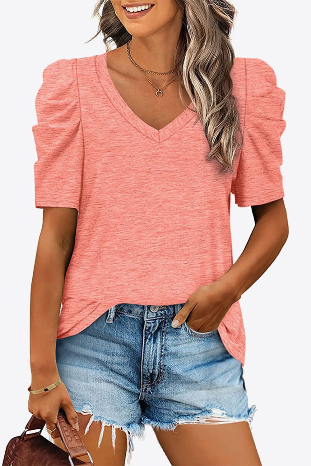 Light Pink V-Neck Puff Sleeve Tee Tops