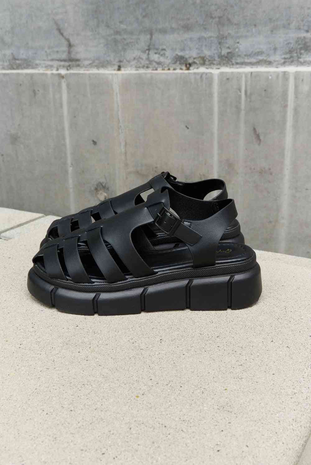 Dark Gray Qupid Platform Cage Stap Sandal in Black Sandals