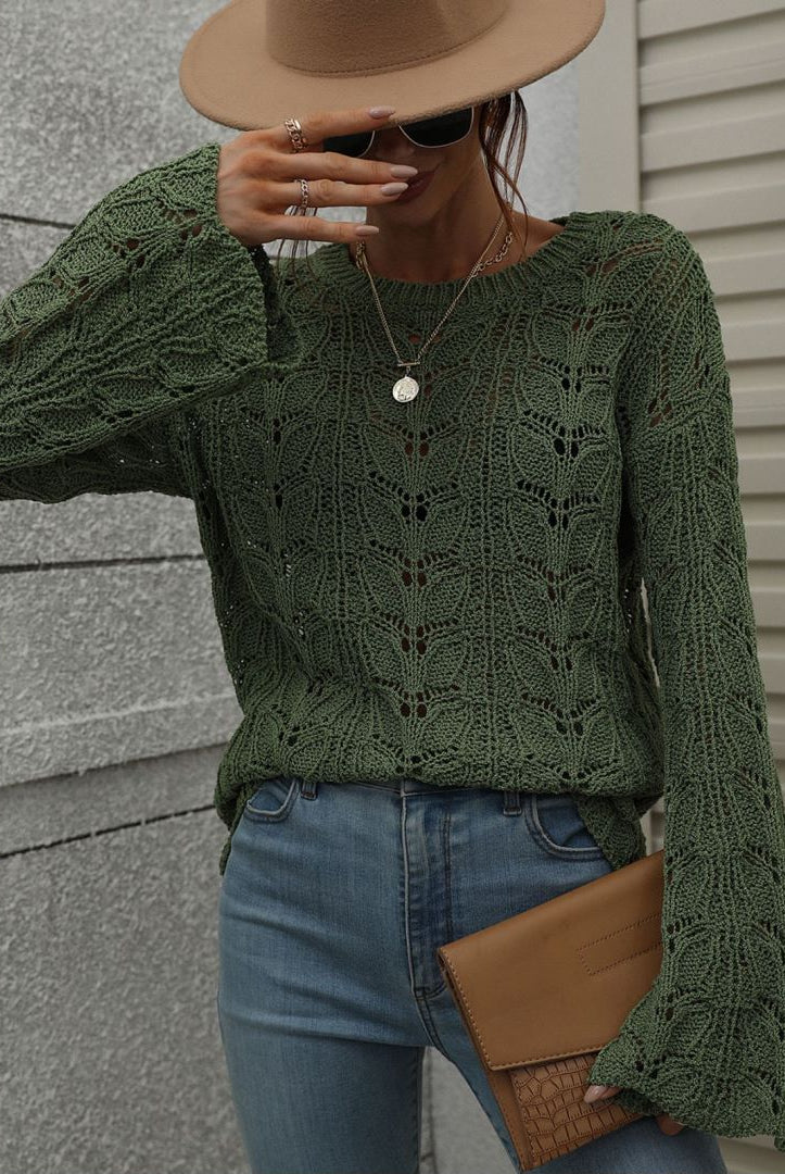 Dark Slate Gray Don't Wait Up Openwork Dropped Shoulder Knit Top Sweaters