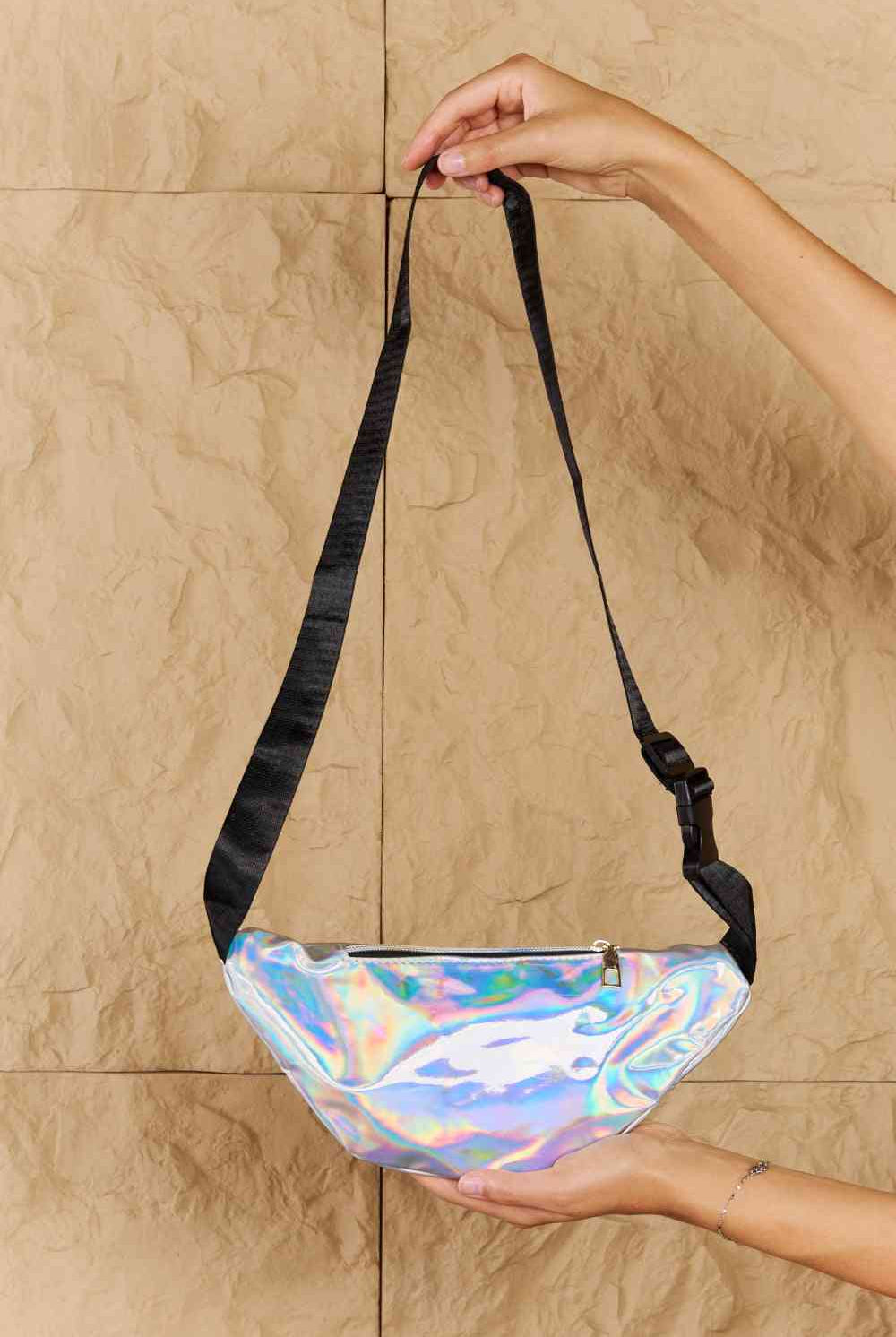 Tan Fame Good Vibrations Holographic Double Zipper Fanny Pack in Silver Clothing