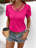 Maroon Strappy V-Neck Petal Sleeve Top Tops