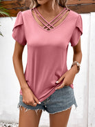 Rosy Brown Strappy V-Neck Petal Sleeve Top Tops