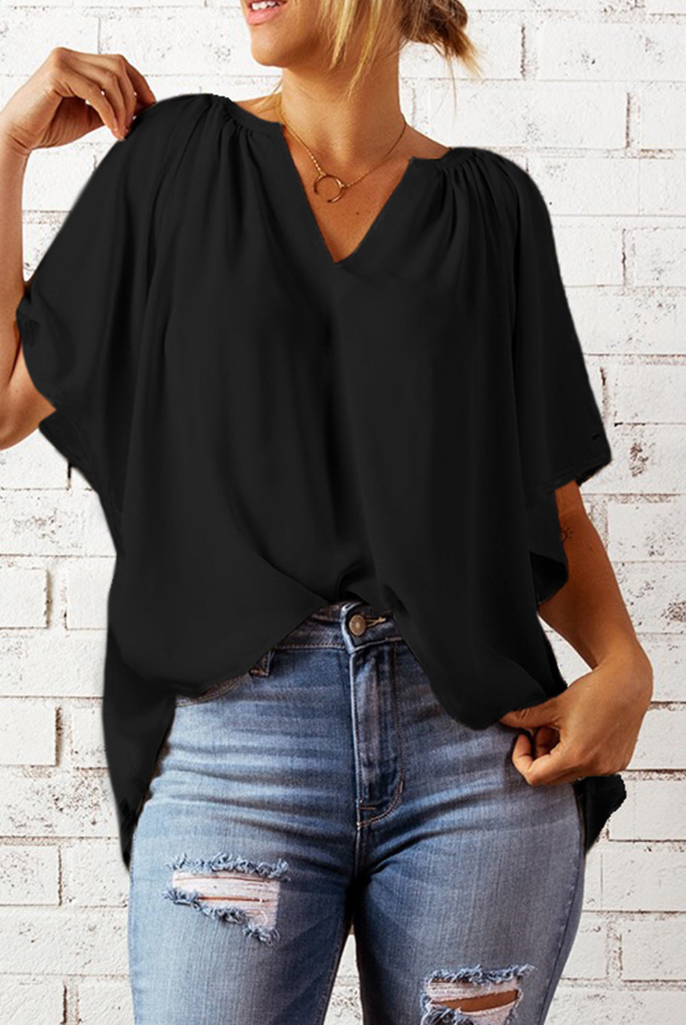 Light Gray Simply Chic Gathered Detail Notched Neck Flutter Sleeve Top Tops