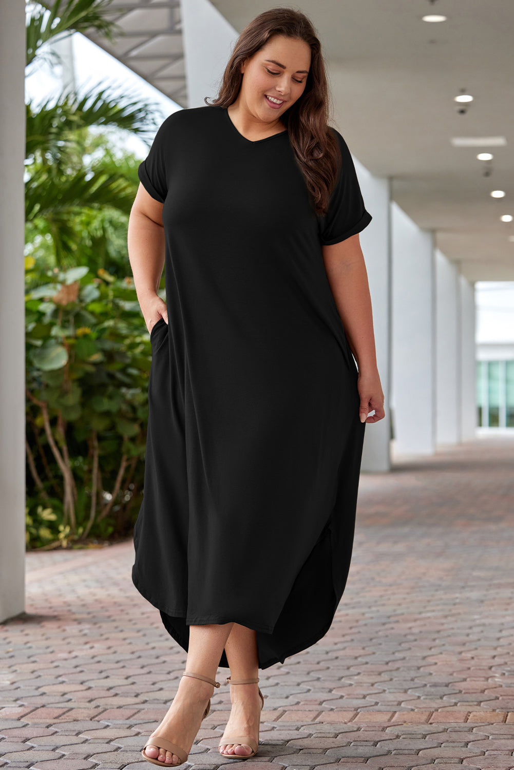 Dark Gray Plus Size V-Neck Short Sleeve Maxi Dress Clothing