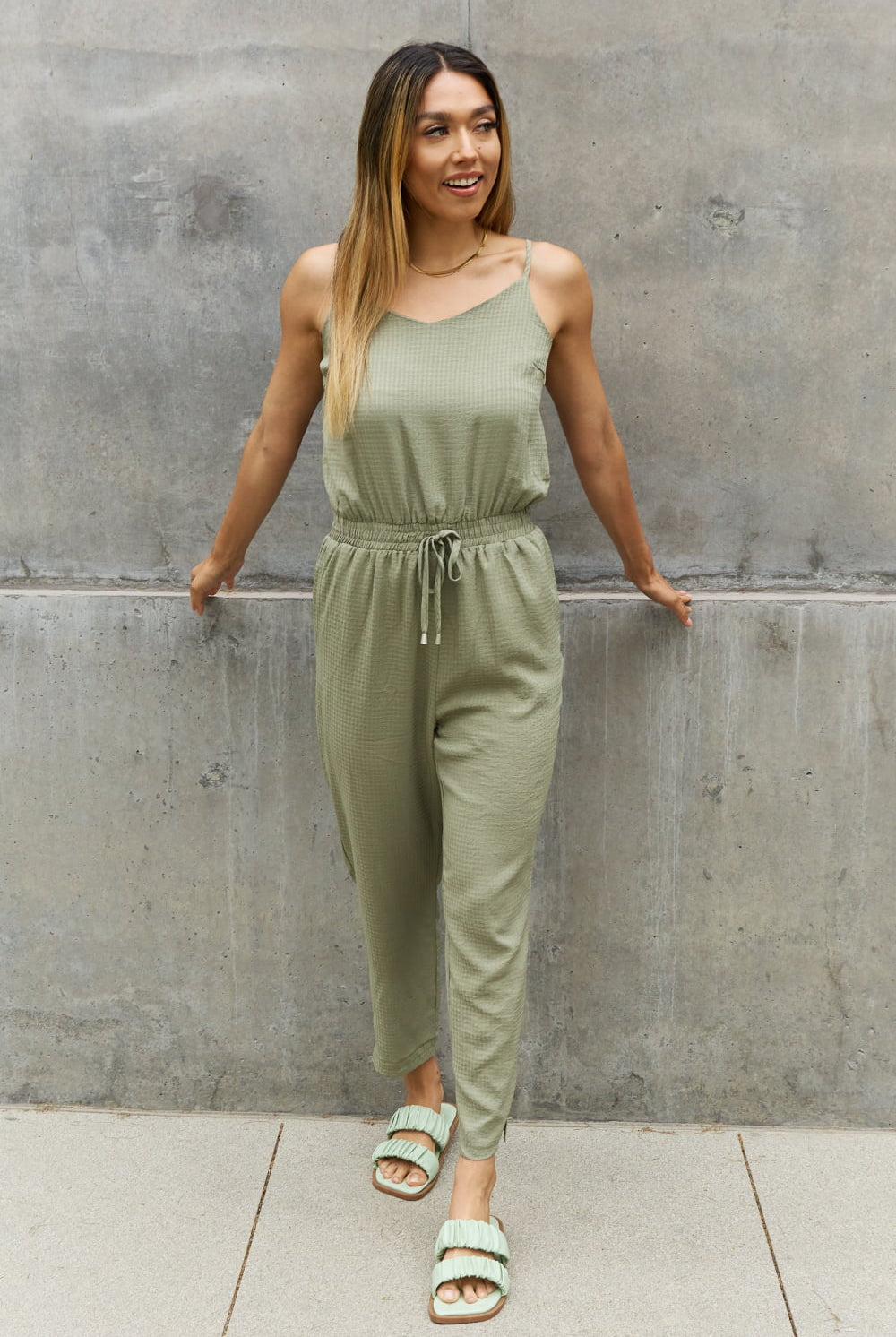 Rosy Brown My Future Textured Woven Jumpsuit in Sage Jumpsuits & Rompers
