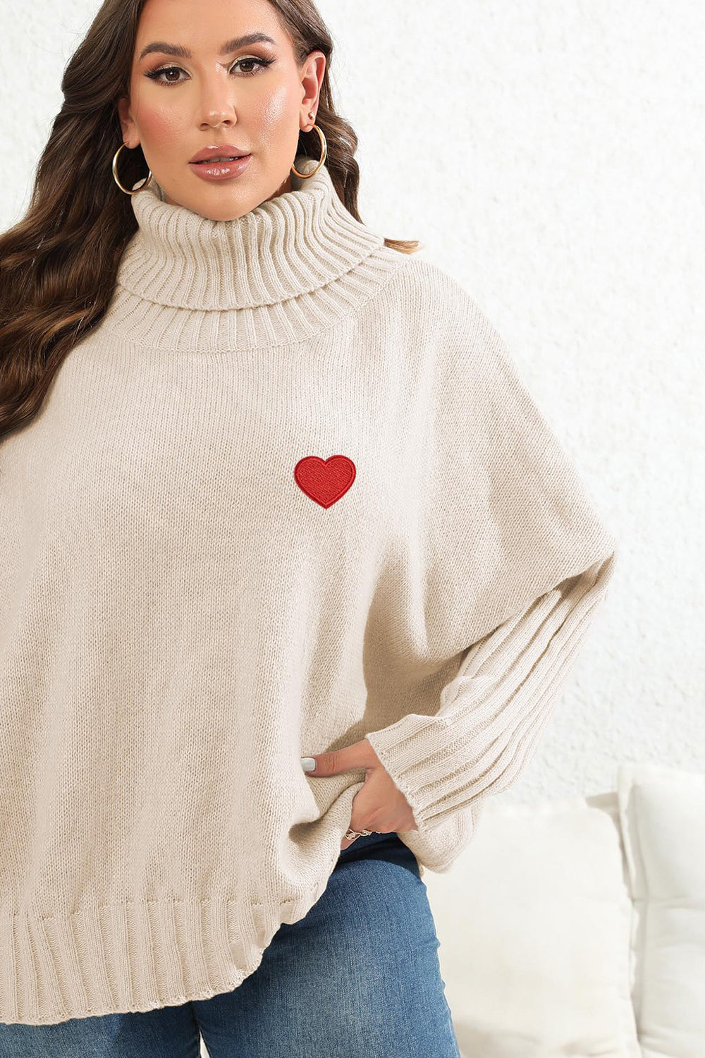 Light Gray Plus Size Turtle Neck Long Sleeve Sweater Clothing