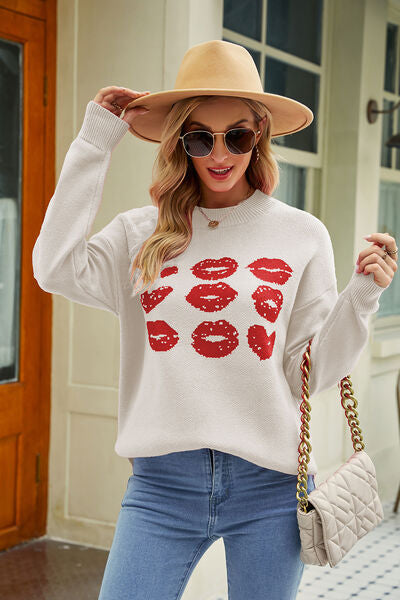 Dark Gray Contrast Lip Pattern Round Neck Slit Sweater Clothing