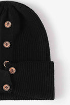 Black Button Detail Rib-Knit Cuff Beanie Winter Accessories
