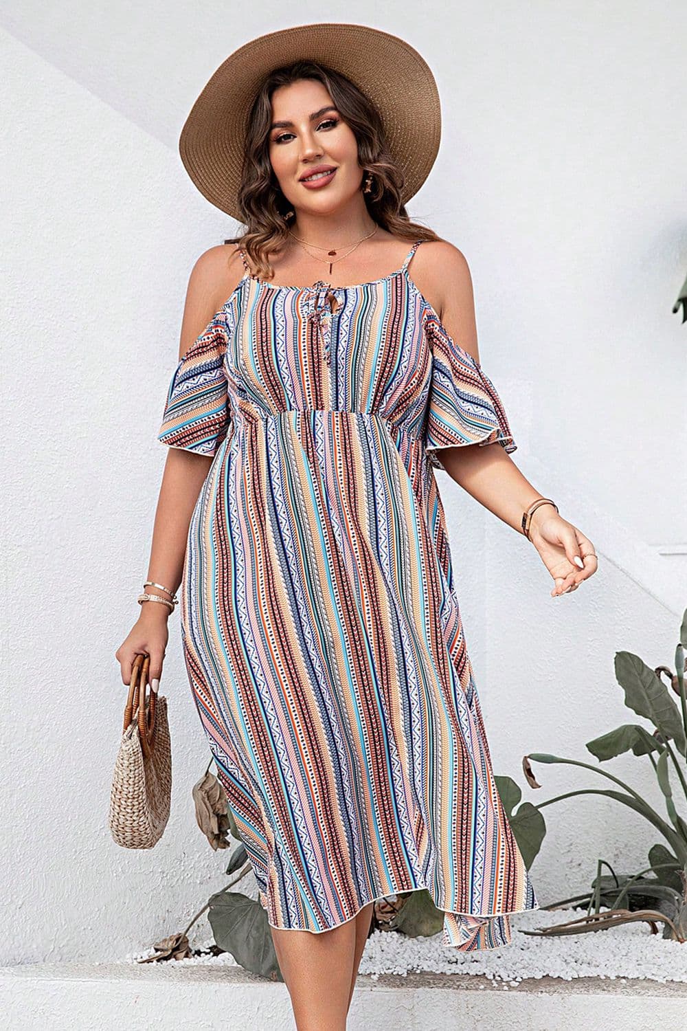 Light Gray Plus Size Striped Cold-Shoulder Dress Clothing