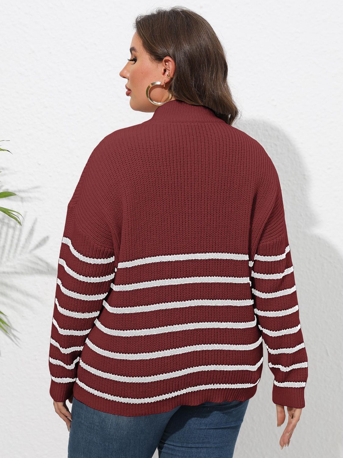 Dark Slate Gray Plus Size Zip-Up Striped Sweater Clothing