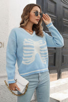 Gray Skeleton Pattern V-Neck Long Sleeve Pullover Sweater Clothing