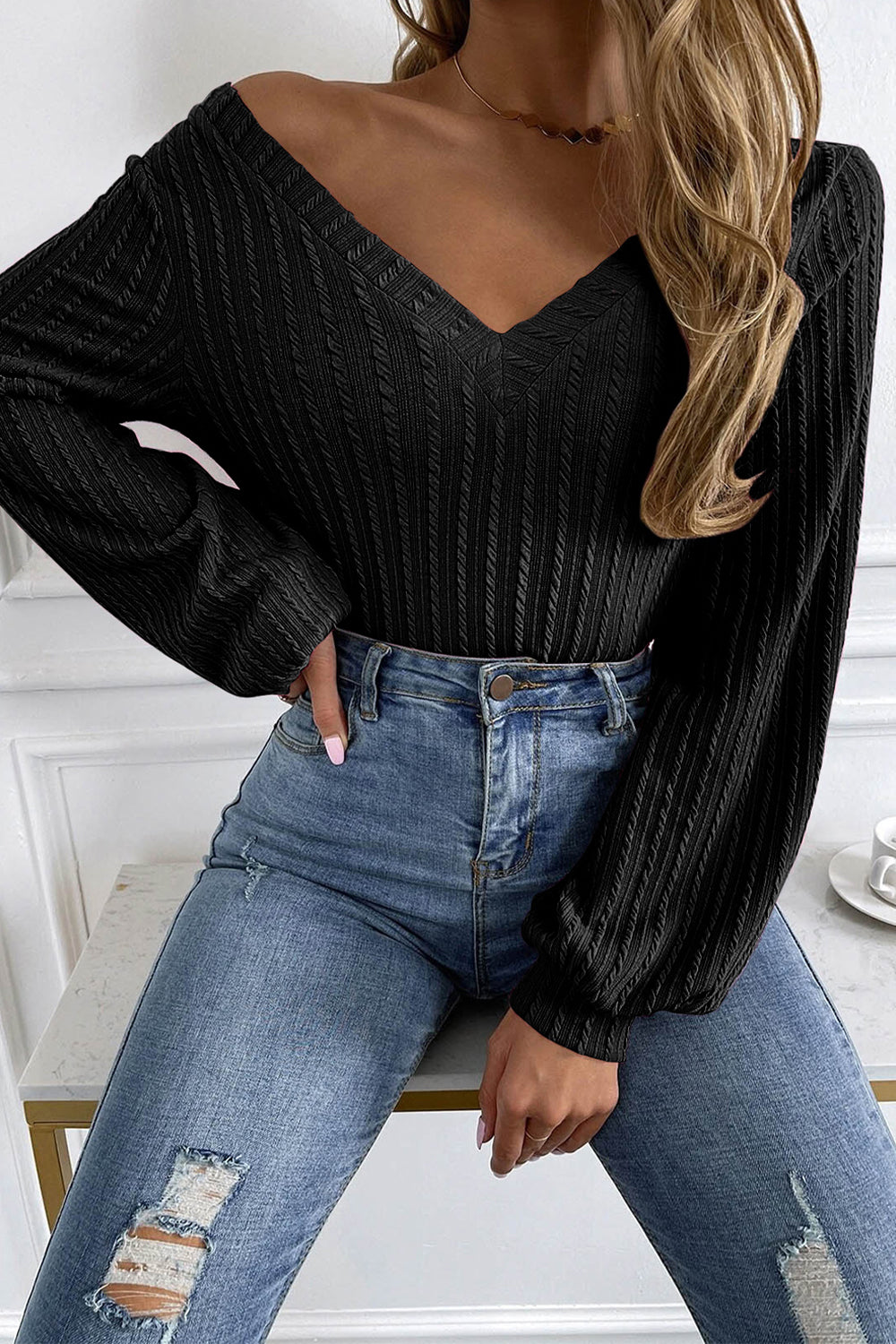 Light Gray V-Neck Long Sleeve Knit Top Clothing