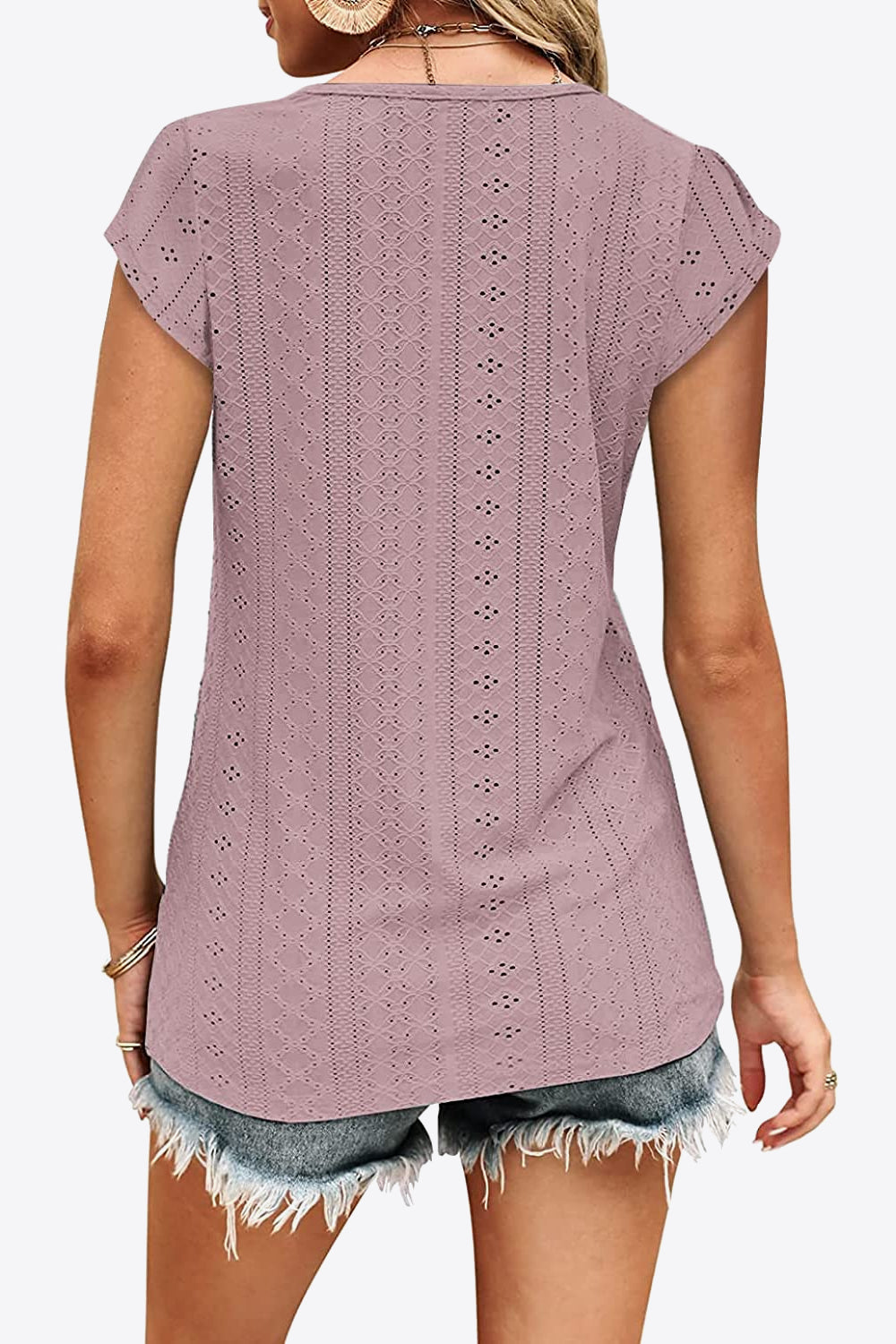 Rosy Brown Eyelet Contrast V-Neck Tee Tops