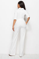 White Smoke Mock Neck Tie-Waist Half Sleeve Jumpsuit Clothes