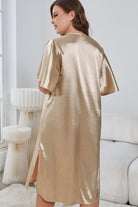 Gray Plus Size Flutter Sleeve V-Neck Side Slit Night Gown