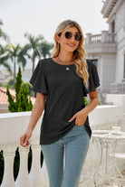 Gray Eyelet Flutter Sleeve Round Neck Top Tops