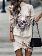 Dark Gray Printed Turtleneck Long Sleeve Mini Dress Trends