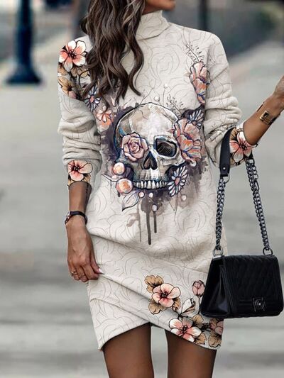 Dark Gray Printed Turtleneck Long Sleeve Mini Dress Trends