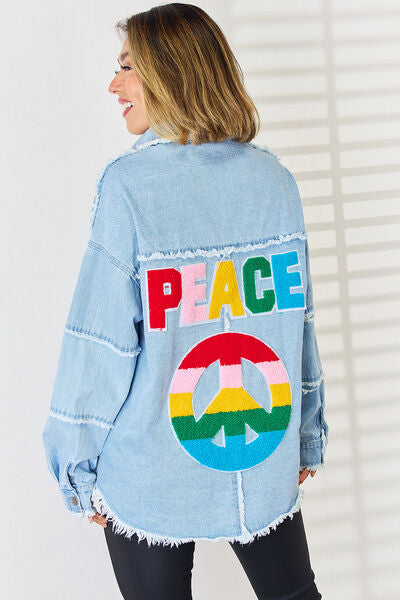 Light Gray PEACE Raw Hem Dropped Shoulder Denim Top Denim