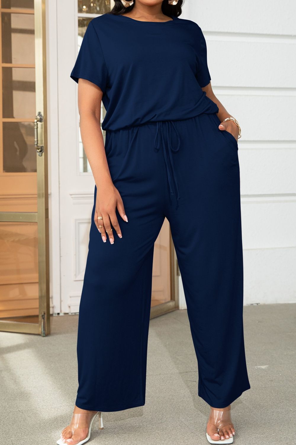 Black Plus Size Drawstring Waist Short Sleeve Jumpsuit Plus Size Clothes