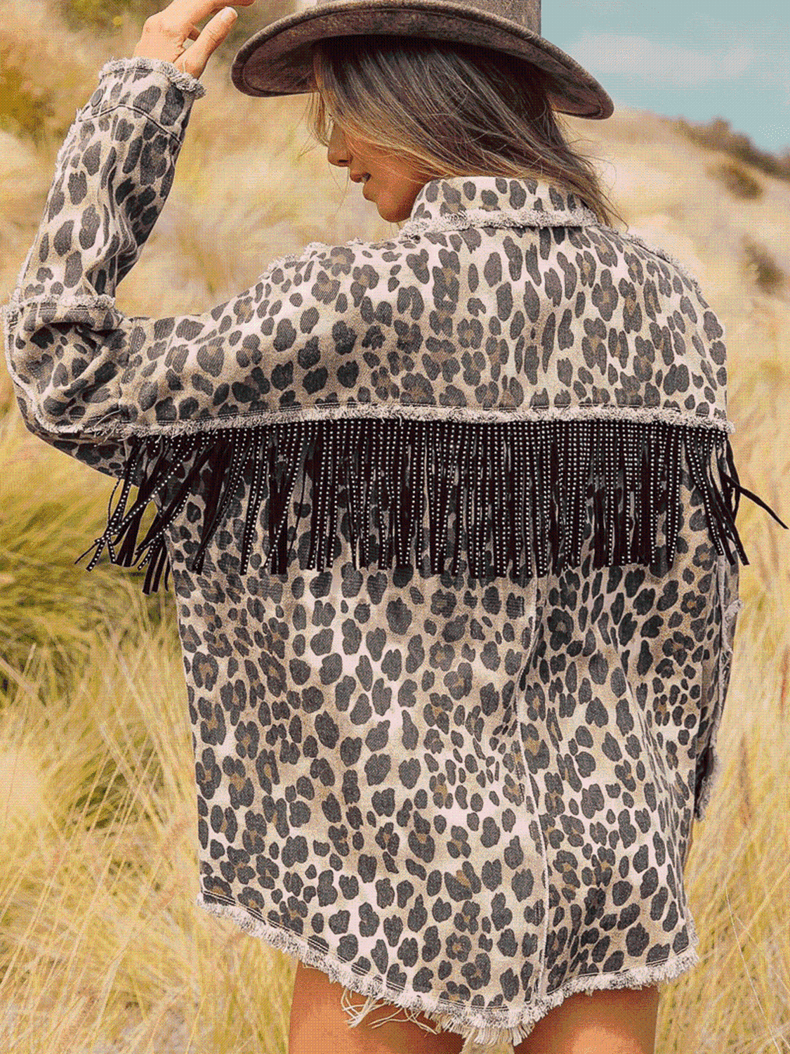 Tan Leopard Fringe Detail Collared Neck Denim Jacket Trends