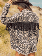 Tan Leopard Fringe Detail Collared Neck Denim Jacket Trends