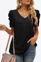 Beige V-Neck Puff Sleeve Tee Tops