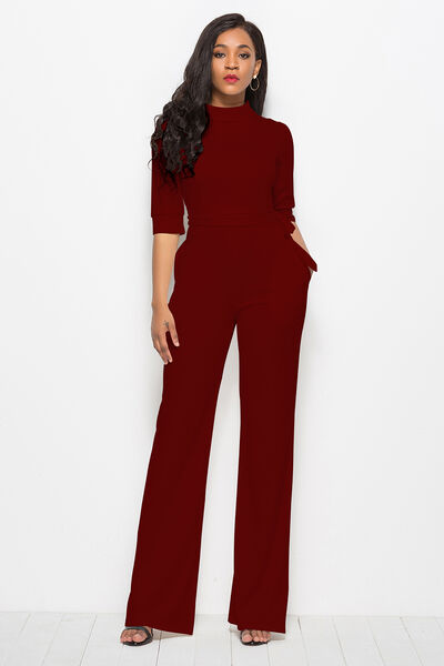 Dark Red Mock Neck Tie-Waist Half Sleeve Jumpsuit Clothes