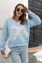 Gray Skeleton Pattern V-Neck Long Sleeve Pullover Sweater Clothing